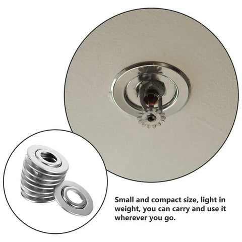 Double Disc Fire Sprinkler Cover Plates Stainless Steel Pipe Concealment Shield Masks Ugly Heads on a wall with caps in a stack.
