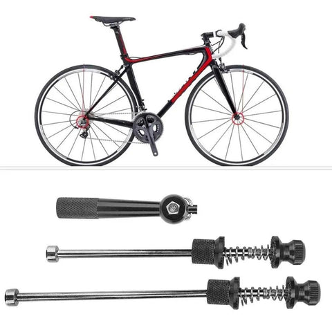 Quick Release Bike Skewers With Anti Theft Five Socket Lock For Road And Mountain Bikes Lightweight Aluminum Alloy With Copper Gasket Black Finish Easy On And Off For Commuters Cyclists And Racers showing detached mechanism and bike