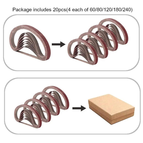 Half Inch By Eighteen Inch Aluminum Oxide Sanding Belts Set in package showing grits 60 80 120 180 240