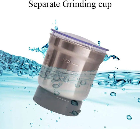 No Brainer Portable Bean To Cup Coffee Grinder And Spice Mill With Tap Control Quick Crushing Action Stainless Steel Bin in water.