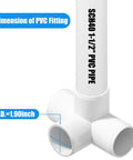 Close-up of Four Pack One And A Half Inch PVC Elbow Fittings Four Way Cross Heavy Duty Furniture Grade Pipe Connector with size dimensions