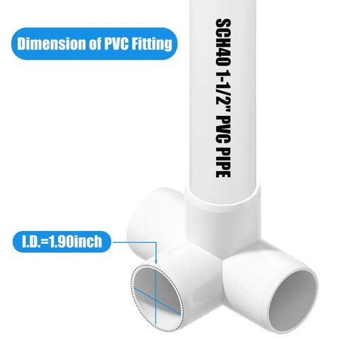 Close-up of Four Pack One And A Half Inch PVC Elbow Fittings Four Way Cross Heavy Duty Furniture Grade Pipe Connector with size dimensions