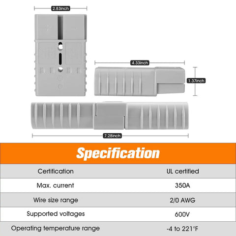 Two Pack Heavy Duty 2/0 Gauge Battery Quick Disconnect Kit For Winch 350A with dimensions and specifications