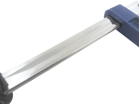 Close-up of Quick-Adjust Vertical Workbench Hold Down Clamp For Three Quarter Inch Dog Holes, serrated post visible.