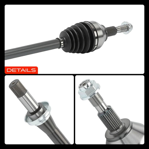 Ford Fusion Front Right CV Axle Shaft Assembly For 2013 To 2020 2.5L L4 Models Front Passenger Side With Axle Nut Included Spindle Nut Thread Size M22 X 1.5 Abs Ring Not Included shown from various angles with focus on spline and axle nut details