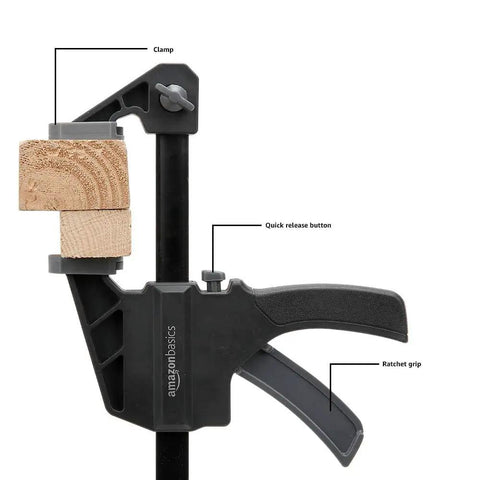 Six Piece Easy To Use One Handed Trigger Clamp Set With Four Inch And Six Inch Clamps In Black And Grey, showing clamp, wooden block, and ratchet grip.