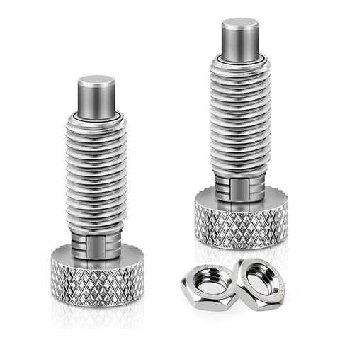 Two Pack M6 Retractable Indexing Plunger Pins With A Sweet Knurled Handle And Heavy Duty Spring Lock Mechanism built to fasten industrial gear quickly on any rough job site.