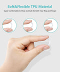 Hand holding a transparent low profile ring size adjuster for loose thin rings 1mm to 4mm, showing its soft TPU material.