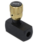 Front view of inline hydraulic adjustable flow control valve with knurled brass adjustment knob and 1/4 in NPT port