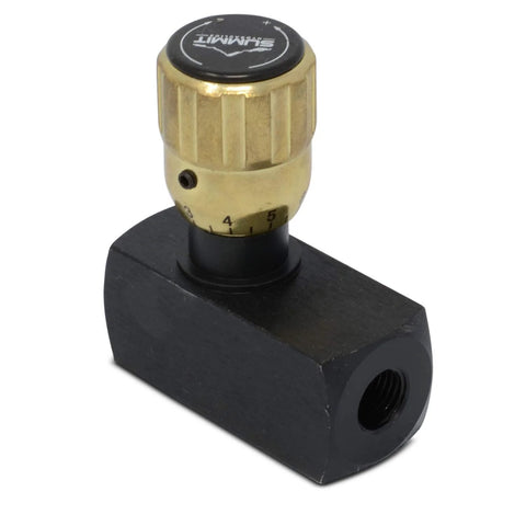 Front view of inline hydraulic adjustable flow control valve with knurled brass adjustment knob and 1/4 in NPT port