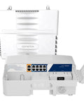 Outdoor PoE Switch With Ten Ports And Two Gigabit Uplinks, IP65 Waterproof, showcasing front and open view of ports and housing.