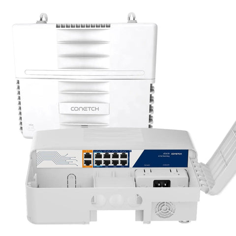 Outdoor PoE Switch With Ten Ports And Two Gigabit Uplinks, IP65 Waterproof, showcasing front and open view of ports and housing.