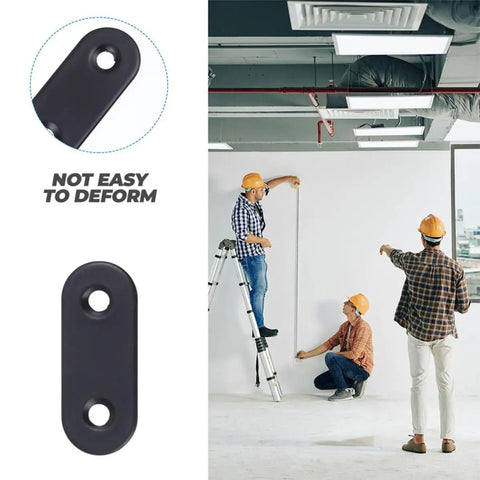 Stainless Steel Flat Plate Straight Shelf Brackets Set With 48 Screws 24 Pack, close-up and workers measuring on site.