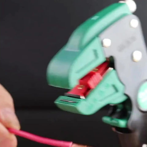 Close-up of Pro Grade Wire Stripper And Cutter 2 In 1 Automatic Adjustable Electric Stripping Tool with red wire, side view