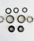 Beefy Bottom Bracket Set For One Piece Crank Bikes 1.69 Inch Cup 43mm OD Steel Frame Cups 9-Piece Kit, ball retainers visible