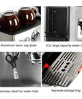 Features of Pro Grade Fully Automatic Espresso Coffee Machine For Home And Office include warm cup plate, 2.1L tank, storage tray.