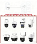 Image of a Universal CCTV Wall Mount Bracket for Dome and PTZ Cameras with compatible camera models shown below.