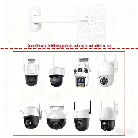 Image of a Universal CCTV Wall Mount Bracket for Dome and PTZ Cameras with compatible camera models shown below.