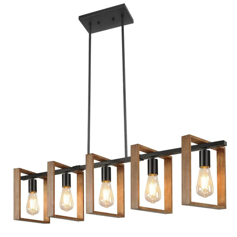 53 Inch Farmhouse Kitchen Island Light Five Light Adjustable Dining Room Wood And Black Metal Chandelier Dope Rustic Hanging Fixture For Kitchen And Pool Table Lighting Bulbs Not Included