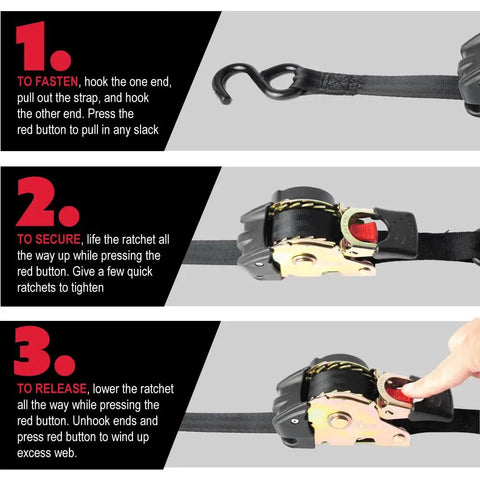 No Nonsense Retractable Ratcheting Tie Down Straps 2 Pack Black 1 In X 6 Ft With Vinyl Coated Hooks showing usage steps.