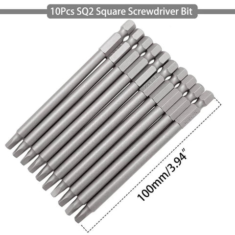 10 Pc Magnetic Square Drill Bit Set 100mm Hex Shank Robertson Square Drive Bits for Pocket Hole Jig S2 Alloy Steel