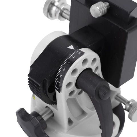 Rock Solid Aluminum Latitude Adjustment Base with leveling bubble and 0 to 90-degree wedge for equatorial mounts, side view.