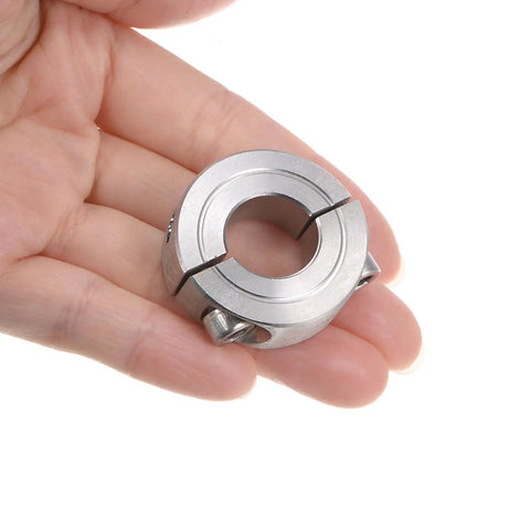 Two-Piece Clamp-On Shaft Collar For 5/8 Inch Shafts, Double Split Design, 1-5/16 Inch Outer Diameter, 7/16 Inch Width, 304 Stainless Steel Axle Collar With Set Screw, High Locking Force, Anti-Corrosion, Positioner Stop on hand