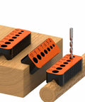 Heavy Duty Drill Guide Block For Flawless Precision Woodworking Metric 4Mm To 10Mm Straight Hole Jig on wood with drill bit.