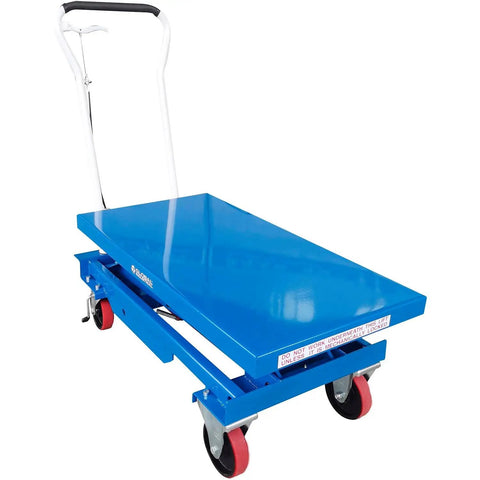 Mobile Double Scissor Lift Table With 39 By 20 Platform And 1100 Lbs Capacity Featuring Pedal Powered Hydraulic Rig for easy shifting.