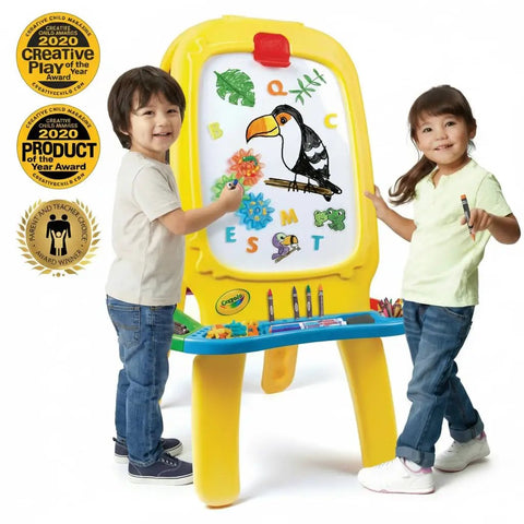 Mega Size Magnetic Double Sided Kids Easel Built Tough For Endless Creative Sessions Adjustable Height Dry Erase And Chalkboard Art Station with kids drawing