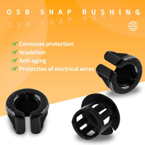 Open Snap Bushing Three Eighths Inch Nylon Cable Grommet Protector OSB 10 Pack 30 Pcs Durable Plastic Shield For Auto And Electronics Corrosion Resistant Easy Snap In Mounting Inner 6.4mm Outer 12.3mm black nylon snap bushings
