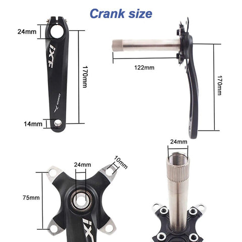 Dimensions of Ride Ready Aluminum 170mm Crank Arm Set 104 BCD With 38T Single Chainring And Bottom Bracket Kit for bikes.