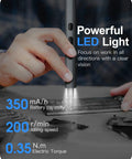 Mini Electric Screwdriver 62 In 1 Cordless Precision Power Tool Kit with LED lights focusing on repair work.