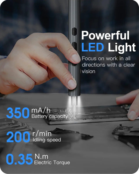 Mini Electric Screwdriver 62 In 1 Cordless Precision Power Tool Kit with LED lights focusing on repair work.