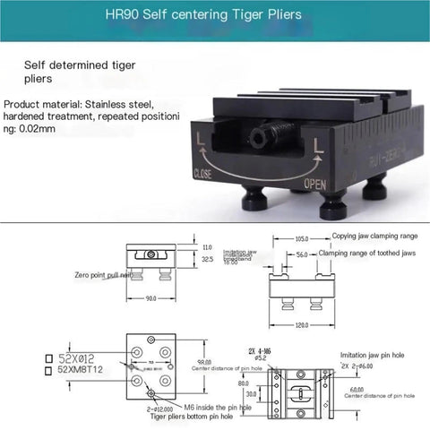 High Precision Self Centering Bench Vise With Quick Release Zero Positioning Fixture detailed diagram with measurements and features.