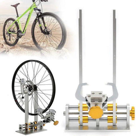 Beefed Up Bicycle Wheel Truing Stand With CNC Adjustment Nut And Three Precision Gauges For 10 To 29 Inch Wheels displayed with a bike