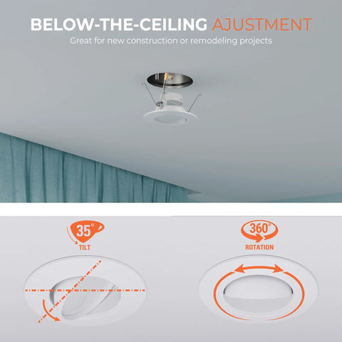 Upgrade Your Home With This Six Inch Led Recessed Lighting Retrofit Kit Featuring A Smooth Gimbal Trim Showing 35° tilt and 360° rotation.