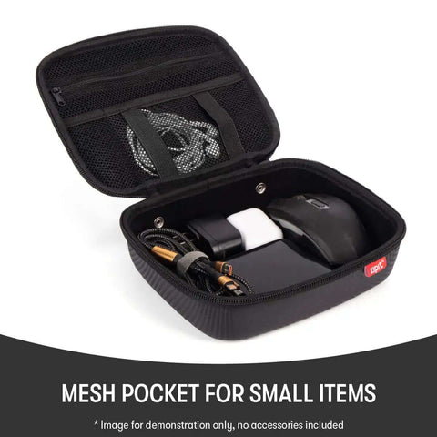 Slick Carbon Look Eva Tech Cable Organizer With Secure Mesh Pockets And Stretchy Elastic Bands For Phones Chargers And Power Banks Black opened to reveal organized interior.
