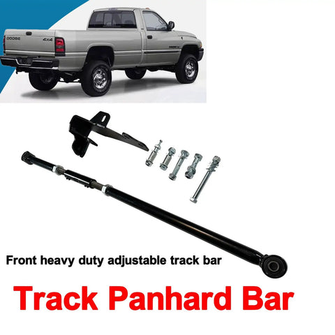 Front Adjustable Track Bar For 0 To 4 Inch Lift Dodge Ram 1500 4X4 And 2500 3500 4WD Heavy Duty Steel With Relocation Bracket Powder Coated Gloss Black For Durability And Smooth Steering On Off Road Rigs. lifted Ram truck and hardware