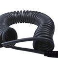 Coiled black durable polyurethane recoil air hose 1/4 inch inner diameter, 25 ft long, with quick coupler and bend restrictor, 2 pack.