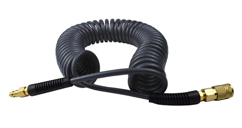 Top Shelf Polyurethane Recoil Air Hose With Automatic Snap Back Design 1/4 Inch Bore By 10 Foot Length Gray coiled hose with quick connect fittings.