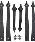 Decorative Rustic Carriage House Hardware Set with Black Steel Hinges and Handles for Barn Doors and Gates, 6-piece kit displayed.