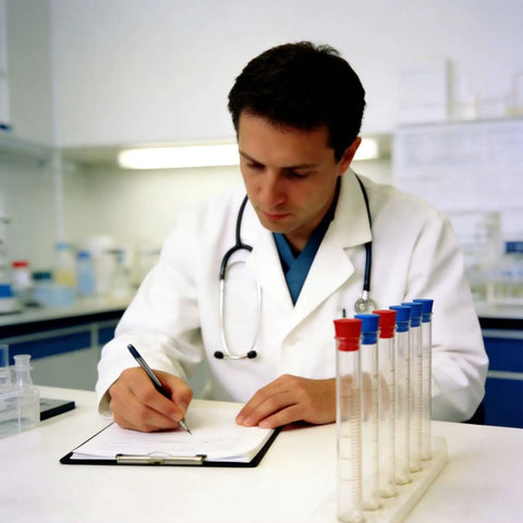 Check Out These 110-Pc Silicone Tapered Plugs In Vibrant Colors For Powders and Paints With Non-Toxic Heat-Resistant Sealing For All Your DIY Coating Jobs That Need Flexible Reusable Stoppers. laboratory technician writing beside test tubes and silicone tapered plugs