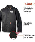 Unisex Welding Jacket With Split Leather Sleeves Black 3X Large US Pro Grade Tough As Nails Cowhide Protection Against Sparks And Heat Abrasion Resistant And Flexible For All Day Welders with flip-up collar, large inside pocket, and adjustable cuffs