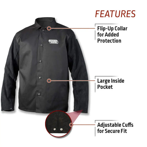 Unisex Welding Jacket With Split Leather Sleeves Black 3X Large US Pro Grade Tough As Nails Cowhide Protection Against Sparks And Heat Abrasion Resistant And Flexible For All Day Welders with flip-up collar, large inside pocket, and adjustable cuffs