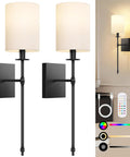 Wireless Rechargeable Set of 2 Battery Operated Wall Sconces With Remote Control For Indoor Home Decor, sleek matte black lamps.