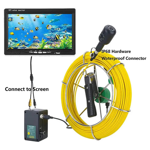 Heavy Duty Waterproof Snake Camera With Dual Lens And 9 Inch Color Monitor game changing drain inspection kit with yellow cable and monitor.