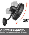 Outdoor Wall Mount Fan With Remote Wet Rated For Patios Garages And Workshops 5100 CFM, showing 15 degree tilt mechanism.