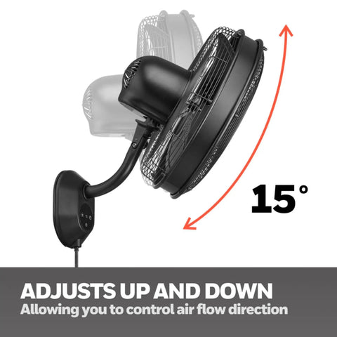 Outdoor Wall Mount Fan With Remote Wet Rated For Patios Garages And Workshops 5100 CFM, showing 15 degree tilt mechanism.