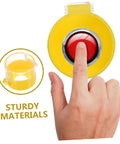 Hand pressing red button behind 2 Pack Transparent Switch Safety Guard Covers For Laundry Machines Emergency Start Button Protectors